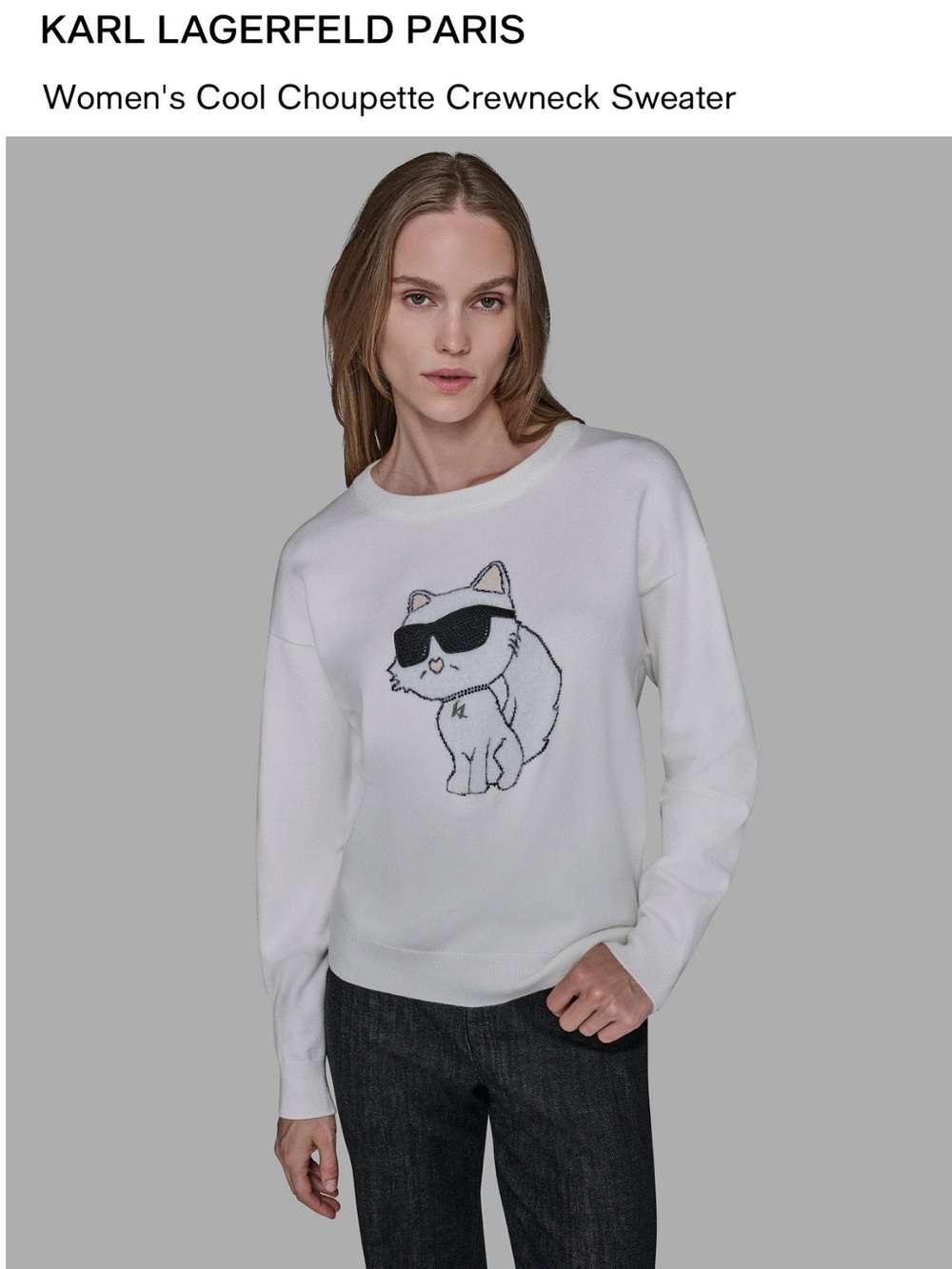 KARL LAGERFELD White Crewneck Sweater with Choupette Graphic size M NWT